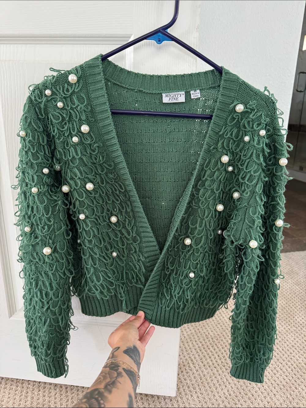 Mighty Fine Forest Green Pearl-Embellished Loop Knit V-Neck Sweater